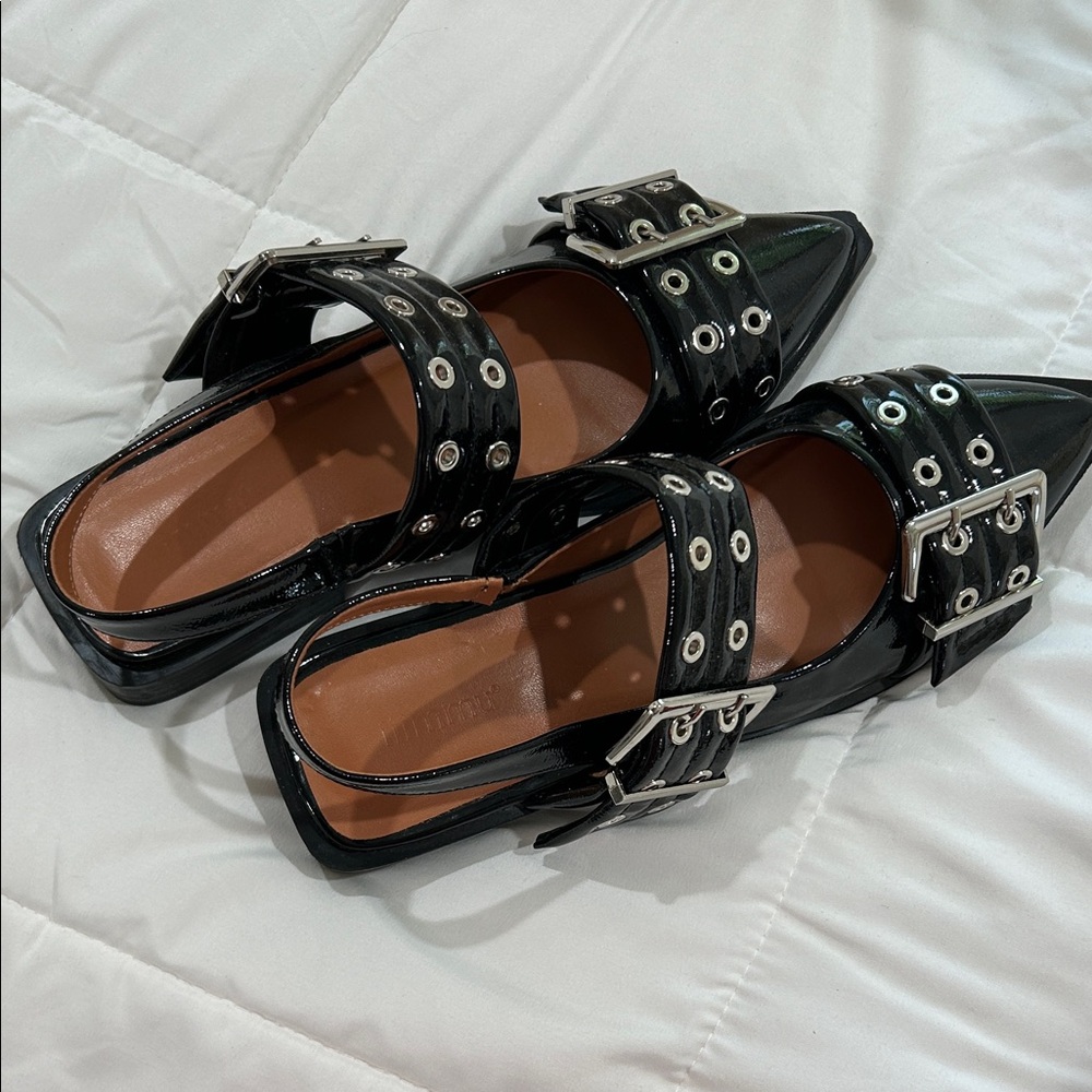 Patent Pointed-Toe Buckle Flats - Black